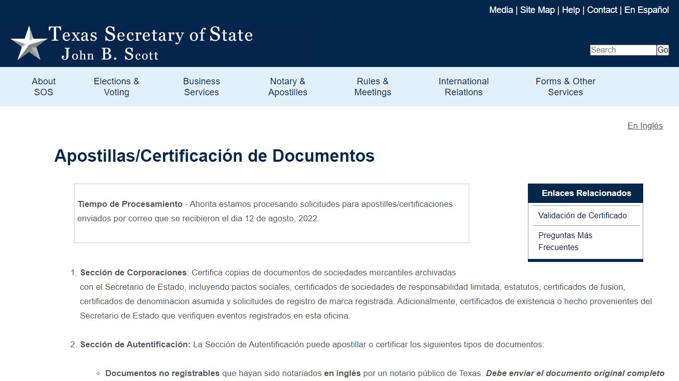 Apostillas/Certificación de Documentos - Secretary of State of Texas